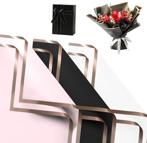 Xinjieda 21 Sheets Gold Edge Floral Wrapping Paper Waterproof 22.8x22.8 In | Black White Pink Color Options, Gold Edge Waterproof Surface, Ideal For Wedding Birthday Party Diy Gift Bouquet Wraps