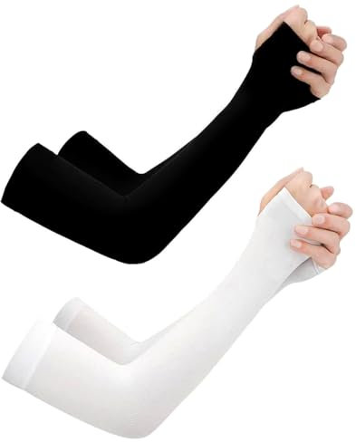 2XK-NOV 2 Paar Unisize Hochwertige Rutschfeste Kompressions Armstulpen für Männer und Frauen, UPF50+, Gaming Arm Sleeves, Volleyball Armschoner (Daumenstil Schwarz+Weiß)