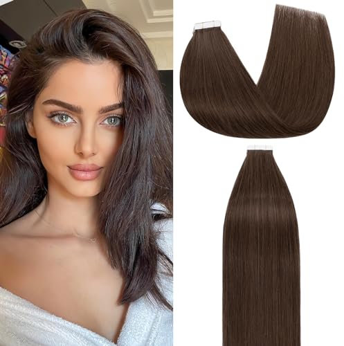 Rich Choices Tape Extensions Echthaar Tape in Extensions 60cm 10 Stück #4 Mittelbraun Haarverlängerung Echthaar Remy Seidig Gerade Invisible Tape ins Haar Extensions Natürliche Haarverdichterung