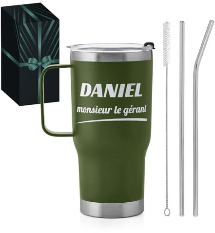 Maverton Mug Isotherme Cafe 600 ml Vert avec personnalisation - Gobelet avec Paille en Acier Inoxydable - Garantie 6h Chaud/10h Froid - Cadeau Collègue de Travail