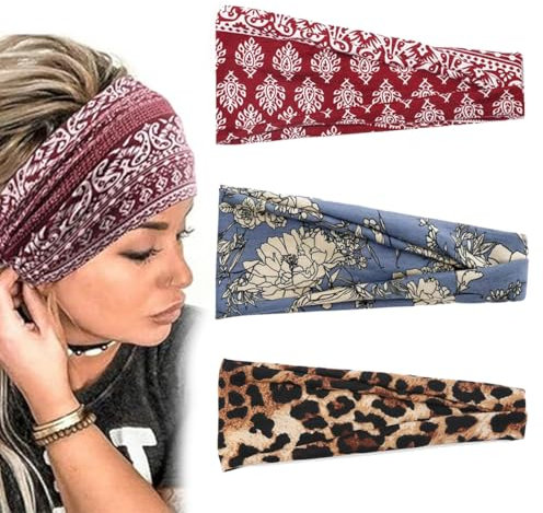 3 Pcs Bandeau Cheveux Femme Large Élastique Doux Boho Mince Bandana Accessoires Headband Cheveux Imprimé Léopard Femme Yoga Sport