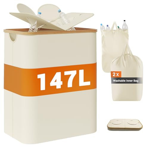 YOUDENOVA 147L Pfandflaschen Sammelbehälter mit Deckel & Geruchsdicht, Mülleimer 2 Fächer Küche, Flaschensammler Leergut & Altglas Aufbewahrung, Bambus Recycling Behälter Müllsackständer, Beige