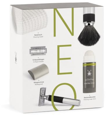 MÜHLE NEO Geschenkset - 15 tlg. unisex Rasier mit Rasierpinsel, Tuch, Klingenschutz, Seifenstick, 10 Klingen - vegan