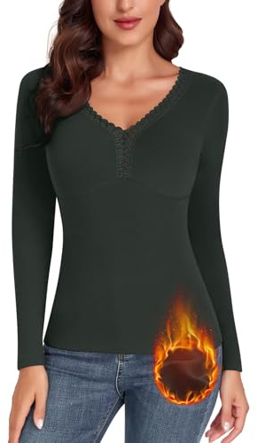 WOWENY Damen Oberteil Thermo Langarm Winter Langarmshirts Thermohemd mit Spitze V-Ausschnitt Warme Unterhemd Elegant Shirt Tshirts,