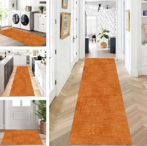 ZUZEKU Alfombra larga para pasillo, cocina, antideslizante, lavable, diseño moderno, color naranja, 120 x 550 cm, alfombra de cocina, por metros, para comedor, dormitorio, salón