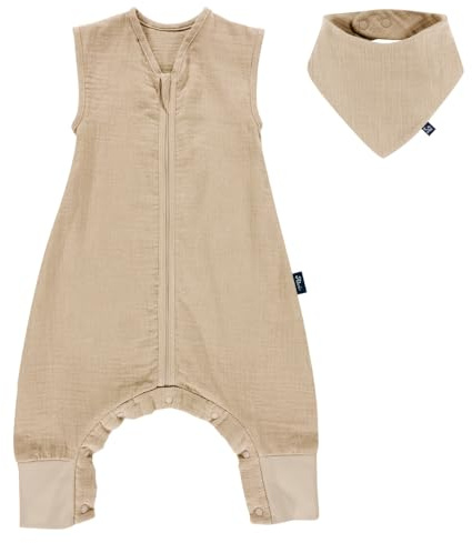 Alvi Sommer-Schlafsack mit Füßen Musselin/Sleep-Overall Light Mull + GRATIS Halstuch - Sand-Beige - Gr. 100 cm