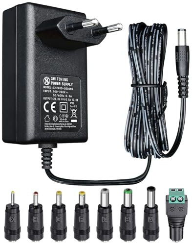 Adaptateur d'alimentation 24 V 0,5 A 1,8 m, Adaptateur de Commutation CA CC (entrée 100-240 V, Sortie 24 V 0,5 A), Prise de transformateur à Montage Mural avec 8 Prises interchangeables