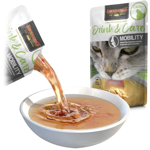 LEONARDO Drink & Care Mobility [20x40g Multipack Sorte Huhn] Katzendrink | getreidefreie Hühnerbrühe mit Fleischstreifen zur Unterstützung der Gelenkfunktion | Ergänzungsfuttermittel für Katzen