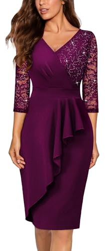 MIUSOL Classic V-Neck Sequin Floral Lace Contrast Ruffle Trim Wrap Hem 3/4 Sleeve Cocktail Party Fitted Dress (X-Large, Maroon)