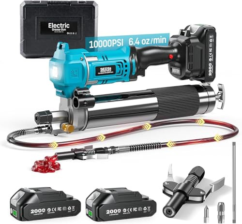 Seesii Akku Fettpresse 10000 PSI, Elektrische Fettpresse mit 2 Akkus | 6,4 oz/min Hochdurchfluss mit Schnellkupplung, Mundstück, 39,4 Schlauch & LED-Licht, für Traktoren, LKWs und Baumaschinen