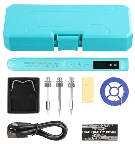Shengxi Kit de Soldador Inalámbrico, Soldador Estaño Recargable USB con Pantalla LED Digital, Temperatura Ajustable 260-420°C, 3 Puntos de Soldadura, Alambre y Pasta de Soldadura (Azul)