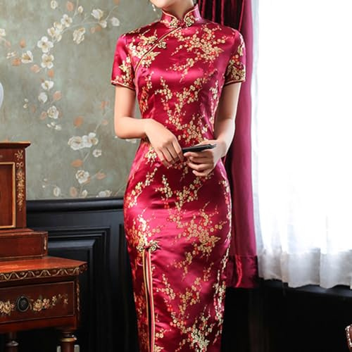 Robe cheongsam traditionnelle chinoise à imprimé longue pour femme avec silhouette mince, fente latérale et col montant conçue pour divers événements (taille M, rouge vin)