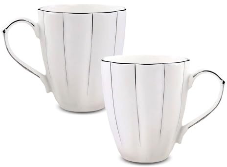 EAZHOP 2 Pack Artisan Pumpkin Shape Mugs Hand-Painted Gold Trim Bone China Cups 400ml White Porcelain Coffee Tea Set for Home Decor Accent Pieces Home Office Use (Silver Lines)