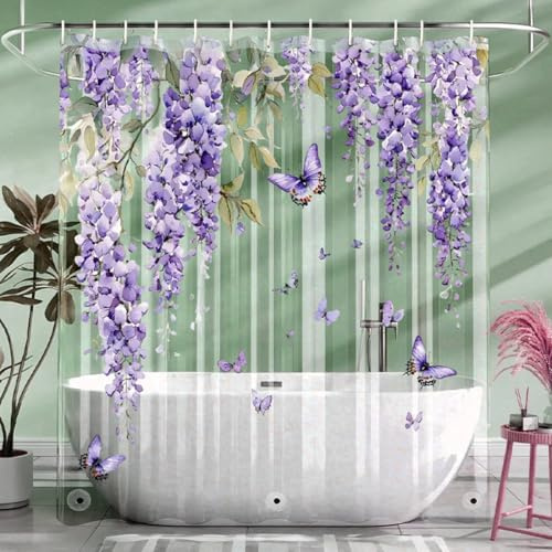 Xlabor Rideau de douche transparent à fleurs - 180 x 200 cm - Anti-moisissure - Imperméable - En EVA - Avec 12 crochets - Pour salle de bain - Motif D
