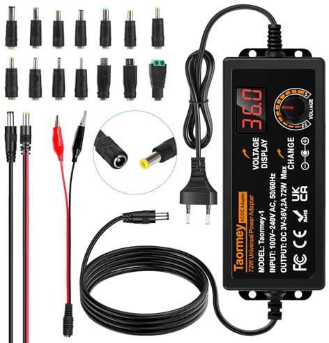 Taormey Alimentatore regolabile da 3 V-36 V, 2 A, 72 W, universale, adattatore di alimentazione regolabile, 100 V-240 V AC a DC con indicatore di tensione LED e 5,5 x 2,5 mm, 16 consigli per