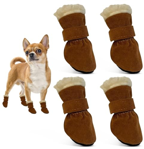 AIEDECOPT 4 Stück Hundeschuhe Pfotenschutz, Hundeschuhe Winter Anti Rutsch, Schneestiefel Hunde, Plüsch Hundestiefel für Kleine und Mittlere Hunden Outdoor-Aktivitäten (Braun, S)