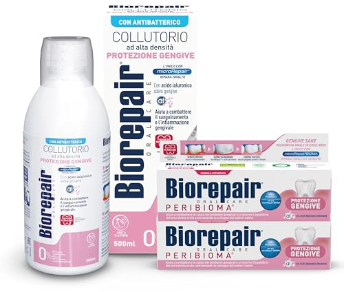 Biorepair, Kit Oral Care Protezione Gengive Peribioma, 2x75 ml e 500 ml | Dentifricio e Collutorio Alta Densità, Per la Protezione delle Gengive, Con MicroRepair e Probiotici