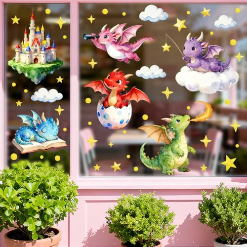 ANATTASOUL Aquarell Cartoon Schlösser Fensterbilder for Frühling Sommer | Doppelseitig Blickdichter Badezimmer Fensterbilder Kinderzimmer Wiederverwendbare Fensterbilder Frühling for Winter Herbst