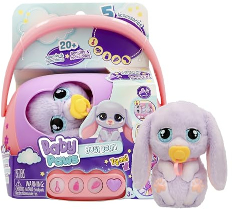 Baby Paws JUST Born Bunny INTERAKTIVE Haustiere Haustiere mit Einer elektronischen Transportbox mit vielen Funktionen Ab 3 Jahren, Violett