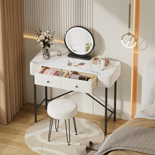 BTM Schminktisch mit Beleuchtung und Hocker, Frisiertisch mit LED-Spiegel, 2 Schubladen, Tischplatte mit Marmoroptik, Moderner Kosmetiktisch mit Fleecedekor, Schwarz & Weiß, 100 x 40 x 120 cm