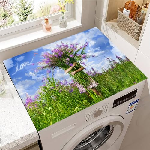 Hearda Housse Machine a Laver Paysage Lavande,Dessus Tapis Lave Linge Antidérapant,Housse de Protection pour Machine à Laver Top,Tapis de Protection pour Dessus Sèche-Linge (Feuilles Vertes,60x60cm)