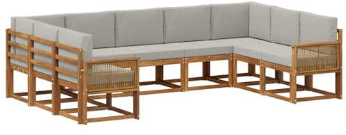 vidaXL Outdoor-Sofagarnitur mit Kissen 9 pcs Natürlich und Hellgrau, Moderne Garten Sofagarnitur, wetterfest, gemütliche Lounge, Akazie Holz Möbel, stylische Patio Sitzgruppe