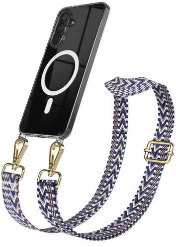 EAZY CASE Handykette - Verstellbares Taschenband kompatibel mit Galaxy A37, Schulterriemen, Handykordel mit Silikon Hülle, Qi Charging kompatibel, Umhängetasche, Blau Weiß Gold