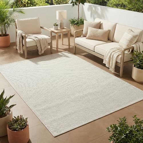 TAPISO Calma Teppich Outdoor Wetterfest UV-beständig Silber 80 x 150 cm | 100% Polypropylen, 9 mm Florhöhe, gewebt