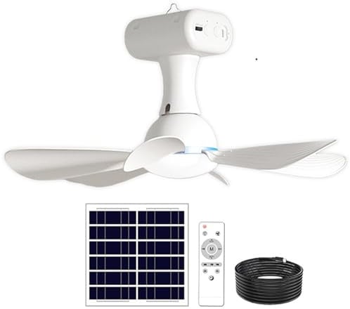 Ventilatore da soffitto solare con telecomando, ventilatore da soffitto portatile con batteria da 6000 mAh, pannello da 6 W per uso interno ed esterno in dormitorio, patio, campeggio, bianco