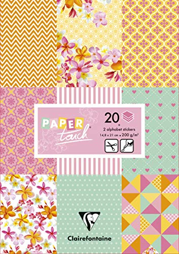 Clairefontaine 95239C - Bloc de 20 Feuilles à Motifs en Papier Cartonné 200g + Stickers Alphabet + Étiquettes à découper - Format A5 (14,8x21cm) – Papier Scrapbooking Loisirs Créatifs - Shabby