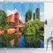 ABAKUHAUS Rustikal Duschvorhang, Summer View German Town, Stoffliches Gewebe Badezimmerdekorationsset mit Haken, 175 x 200 cm, Orange Grün Blau