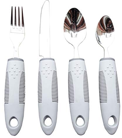 OR8 Wellness 4 Piece Cutlery Set with Thick, Easy Grip Handles. Early Learning Aid for Children or for People with Learning Difficulties, Limited Dexterity, Handicaps and Visual Impairments (Grey)