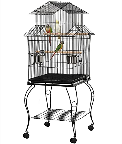 Yaheetech 140cm Bird Cage Rolling Parrot Cage Budgie Cage with Triple Roof Top/Stand for Mid-Sized Parrots Cockatiel Parakeet Green Cheek Conure Caique Aviary Canary, Black