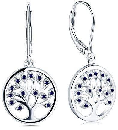 JO WISDOM Pendientes árbol de la vida Plata 925 Mujer con Circonita Cúbica AAA Piedra de nacimiento de Septiembre Color Zafiro