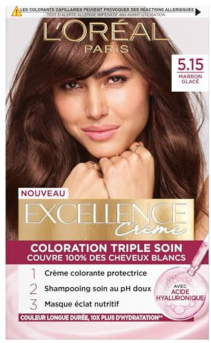 L'Oréal Paris - Crema Excellence – Kit de tinte permanente para el cabello con triple cuidado – 100% cobertura para cabello blanco – Tono 5,15 marrón hielo
