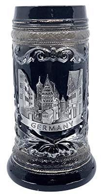 Essence of Europe Gifts E.H.G Bierkrug Oktoberfest Haus Deutscher Rothenburg mit Metall-Emblem – Anthrazit Schwarz Bier Krug Keramik Stein Becher Bierkrug Bierkrug Bierliebhaber Geschenk Gravur