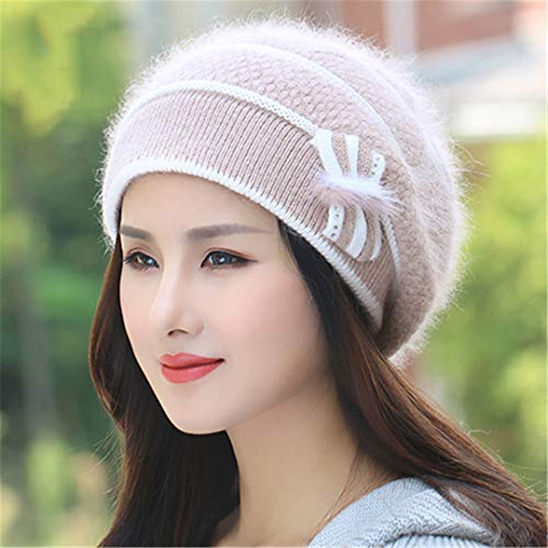Renost Angora Beret Frauen Winter Strick Mütze Warm Flower Strass Double Layers Hut Khaki
