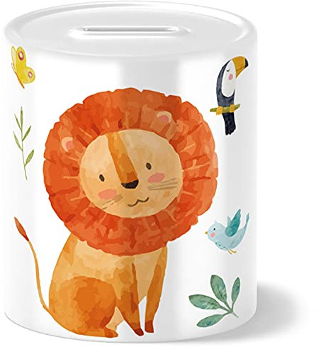 OWLBOOK® Safari Löwe Kinder Spardose Kinder Junge Mädchen | Geschenke zur Einschulung | Taufgeschenke | Geschenk Taufe Geburt Geburtstag | Sparschwein Sparbüchse | Wiederverschließbar
