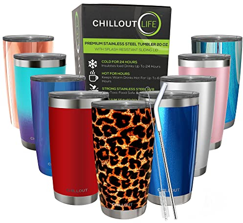 CHILLOUT LIFE Edelstahlbecher mit Deckel, doppelwandig, vakuumisoliert, mit spritzwassergeschütztem Deckel und Strohhalm für heiße und kalte Getränke, 590 ml