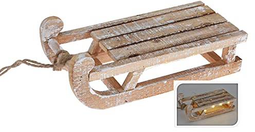 Spetebo LED Deko Holz Schlitten - 25 LED/ca. 30 cm - warmweiß beleuchteter Dekoschlitten mit Timer - Weihnachtsdeko Winterdeko Fensterdeko