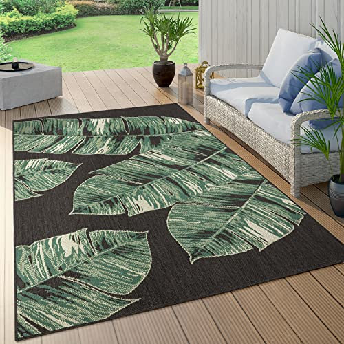 Paco Home Outdoor Teppich Wetterfest Flur Balkon Palmen Dschungel Florales Boho Muster Grün, Grösse:140x200 cm, Farbe:Schwarz 3