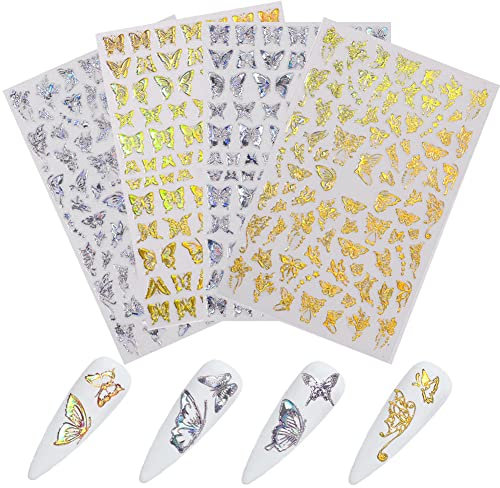CANDeal 4 Sheets Butterfly Nails Art Stickers with 3D Gilding Laser Gold and Silver Color Nail Decals Stereoscopic Nail Stickers for Art Decoration (Set 2)