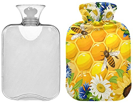 Mnsruu Wärmflasche mit weichem Bezug, Sonnenblumen-Waben mit Bienen-Wärmbeutel, tolles Geschenk für Frauen, Kinder, Weihnachten, 2 l