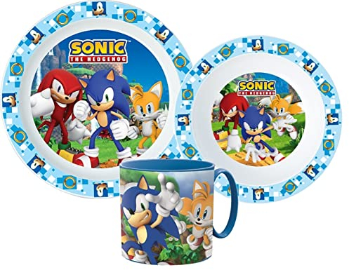 Sonic Cartoon Character Dinner Tableware Set 3pcs Plate, Bowl & Mug, BPA Free re-usable Plastic Microwave Safe (Sonic)