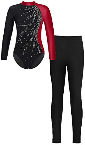 iEFiEL Mädchen Turnanzug Langarm Glitzer Gymnastik Kleidung Set Ballett Trikot Langarmbody mit Lange Hose Kinder Gymnastikanzug Z Burgunderrot + Schwarz 170-176