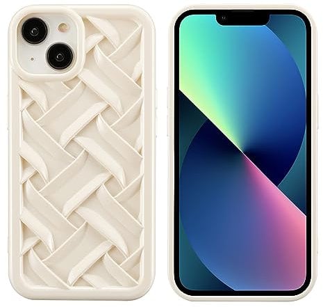ZCDAYE for iPhone 13 Case, Cute Solid Color 3D Woven Pattern Plating Case Grid Printed Glossy Case for Women Girl Rugged TPU Shockproof Cover iPhone 13 (6.1 inches), White