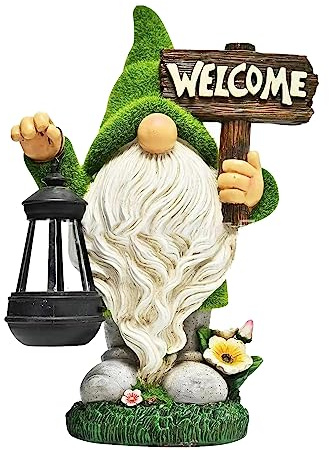 Garden Gnome Statue Outdoor Decor Large Flocked Resin Gnome Figurine with Solar Light Holding Lantern Welcome Sign Garden Yard Decorations Dwarf Sculpture for Outside Patio Porch Lawn Decor