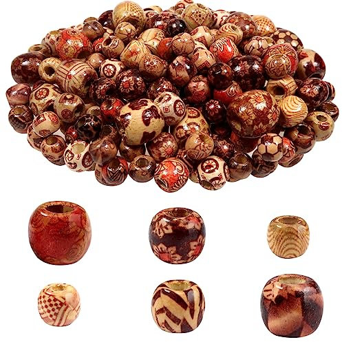 TOAOB 200 Stück Holzperlen10mm 12mm 17mm Gemalt Holz Perlen mit Großem Loch Verschiedene Muster Perlen Kugeln Spacer Perlen Bastelperlen Gemalt Perlen zum Basteln für Makramee Armband Dreadlocks