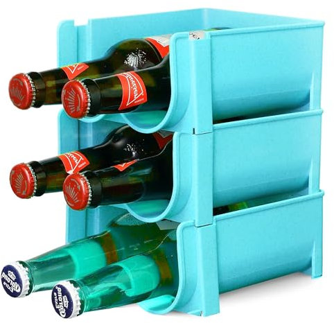 ASAB Stackable Water Bottle Organiser Beer Bottle Holder Bottle Organiser for Cupboard Freezer Pantry Soda Can Holder Ideal For Kitchen Countertop Shelf Bar Beverage Storage Rack (Blue, Pack of 3)