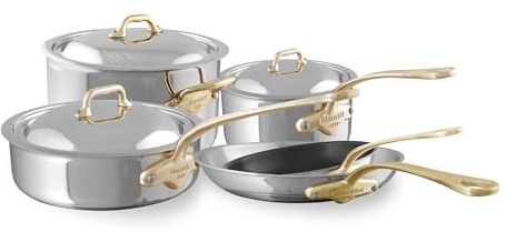 Mauviel M'Cook B Batterie de Cuisine 8 Pièces Acier Inoxydable Poli 5 Plis Poignées Laiton Fabrication Française